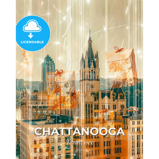 Chattanooga City Symphony - Beige Sparkle Poster - A city with presents and lights - Square format print template