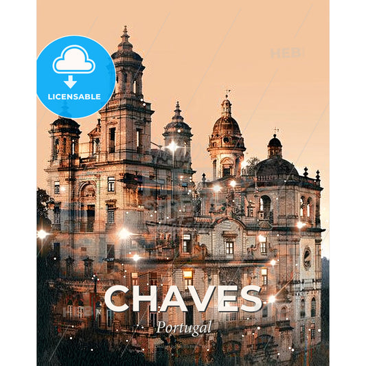 Chaves Skyline Art: Local Icons on Beige - A building with many windows - Square format print template