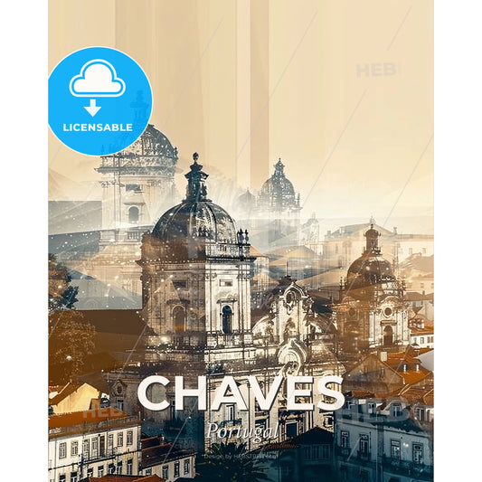 Chaves Skyline, Double Exposure, Artistic Poster Design - A group of buildings with domes - Square format print template