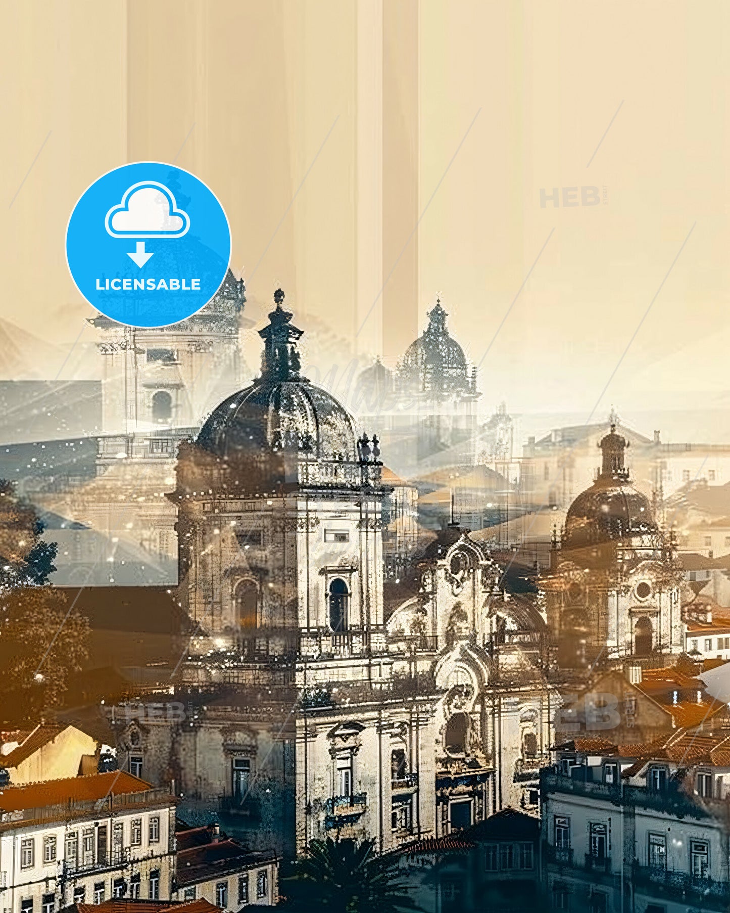 Chaves Skyline, Double Exposure, Artistic Poster Design - A group of buildings with domes