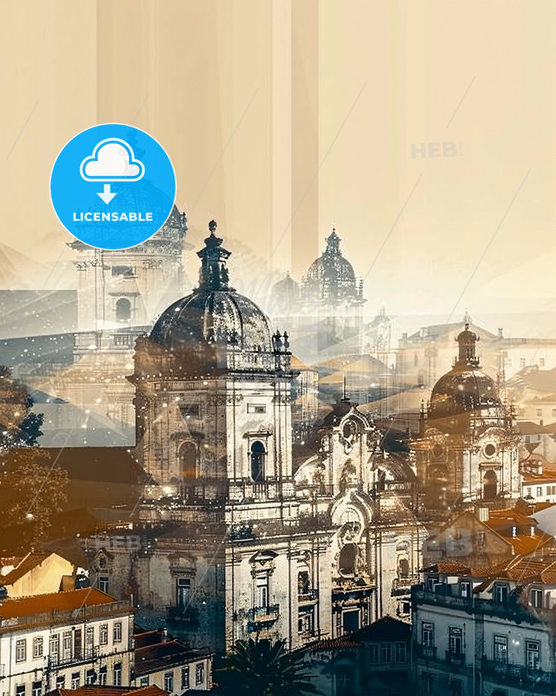 Chaves Skyline, Double Exposure, Artistic Poster Design - A group of buildings with domes