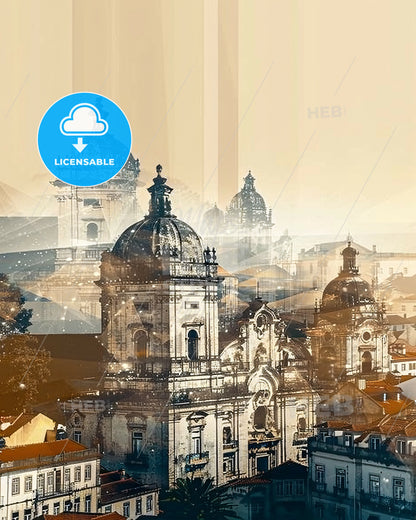 Chaves Skyline, Double Exposure, Artistic Poster Design - A group of buildings with domes