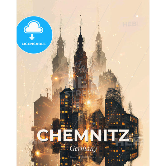 Chemnitz Skyline Poster Art Glimmering Icons - A city with many tall buildings and lights - Square format print template