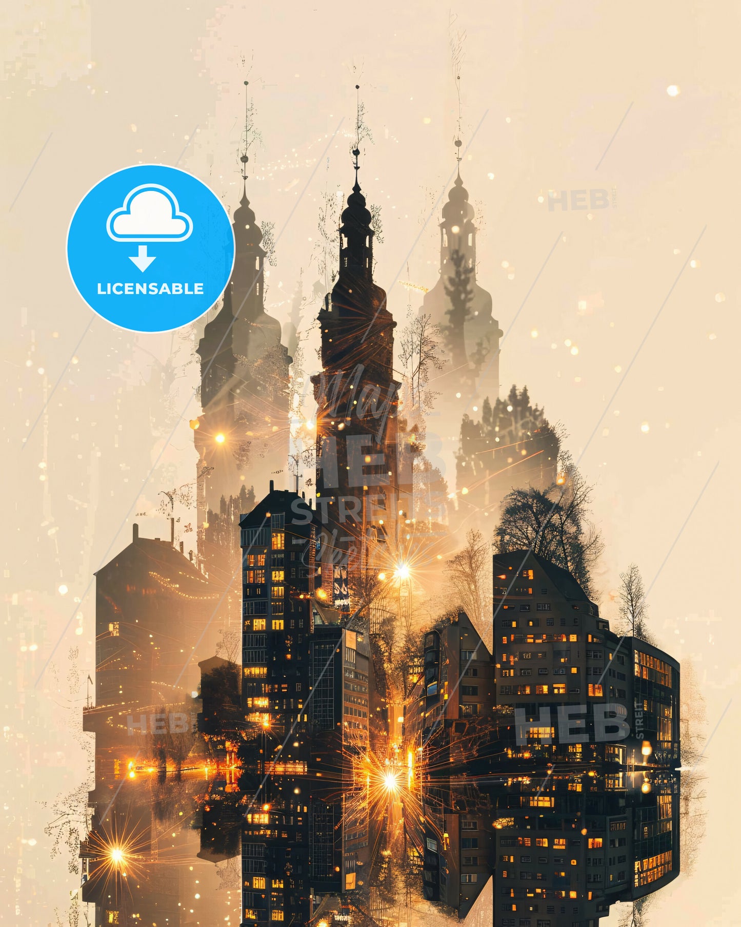 Chemnitz Skyline Poster Art Glimmering Icons - A city with many tall buildings and lights