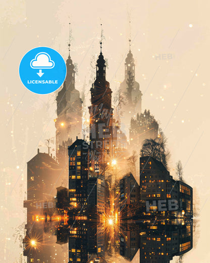 Chemnitz Skyline Poster Art Glimmering Icons - A city with many tall buildings and lights