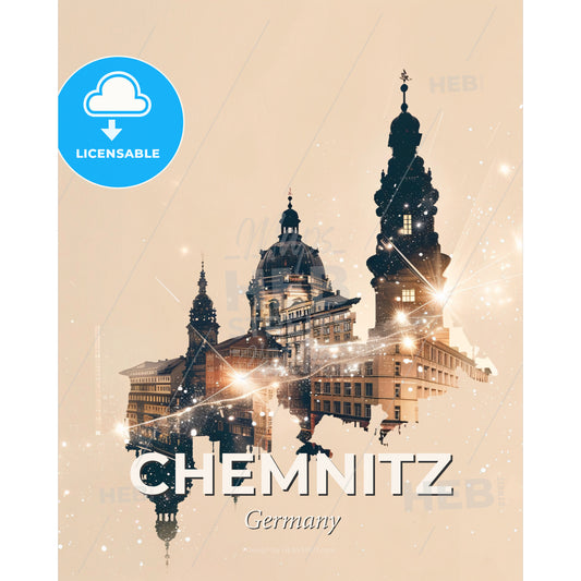 Chemnitz Skyline Bright Beige Composite Art Poster - A city skyline with a building and lights - Square format print template