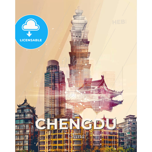 Chengdu City Skyline Composite Art Print - A city with many buildings - Square format print template