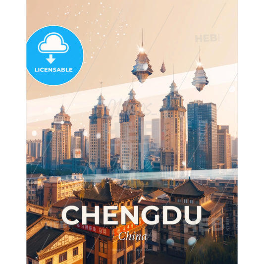 Chengdu City Skyline Local Art Poster - A city with many buildings - Square format print template