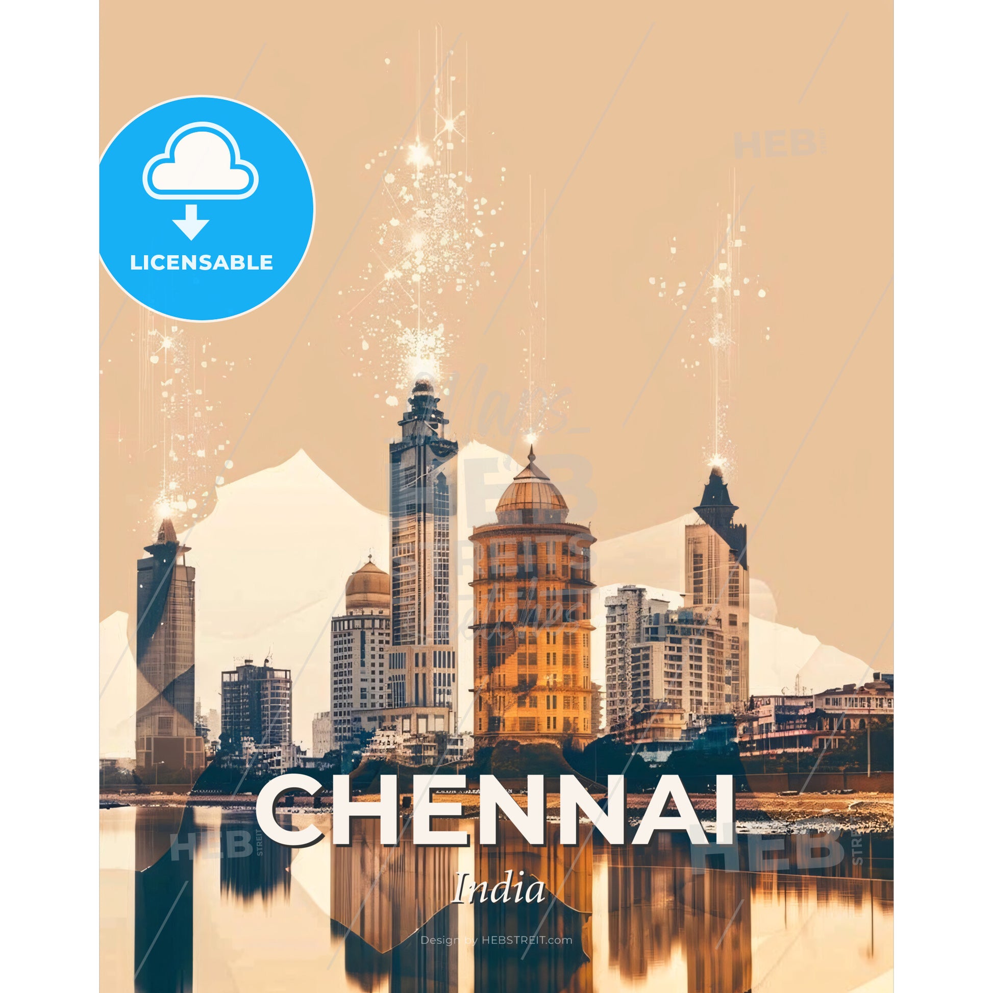 Chennai India Skyline Art Poster Local Colors - A city skyline with fireworks - Square format print template