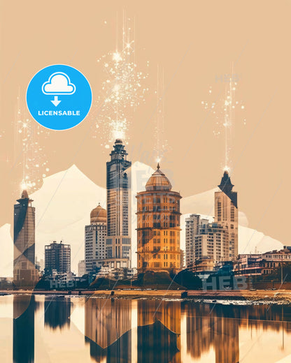 Chennai India Skyline Art Poster Local Colors - A city skyline with fireworks