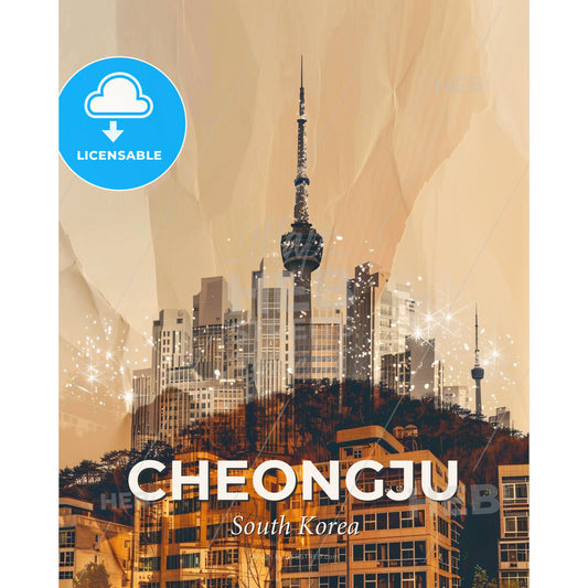 Cheongju Skyline City Lights Art Deco Print - A city skyline with a tower - Square format print template