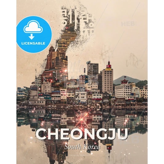 Cheongju Cityscape Composite Art Poster - A city with buildings reflected in water - Square format print template
