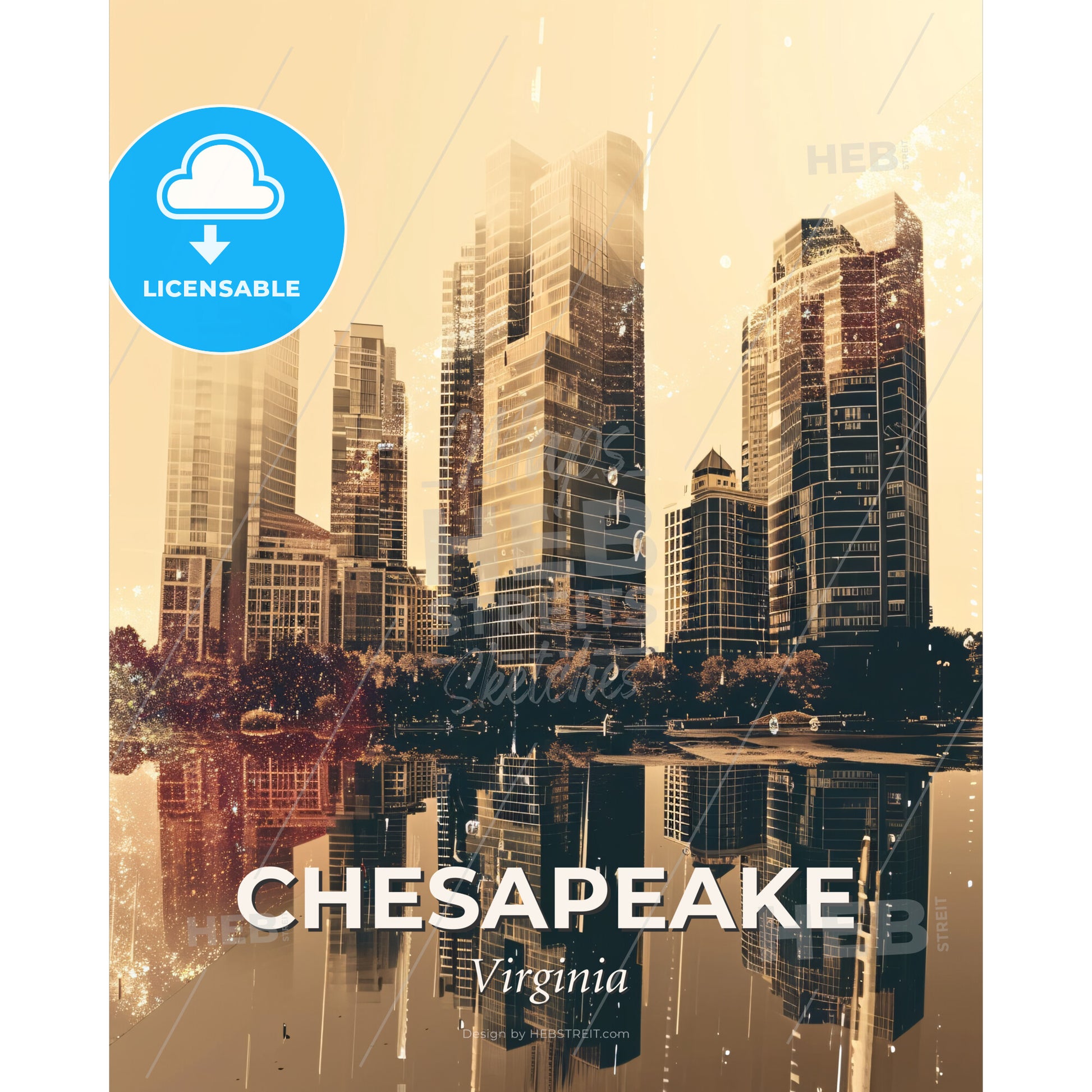 Chesapeake Skyline Dreamy Beige Poster - A city skyline with trees and water - Square format print template