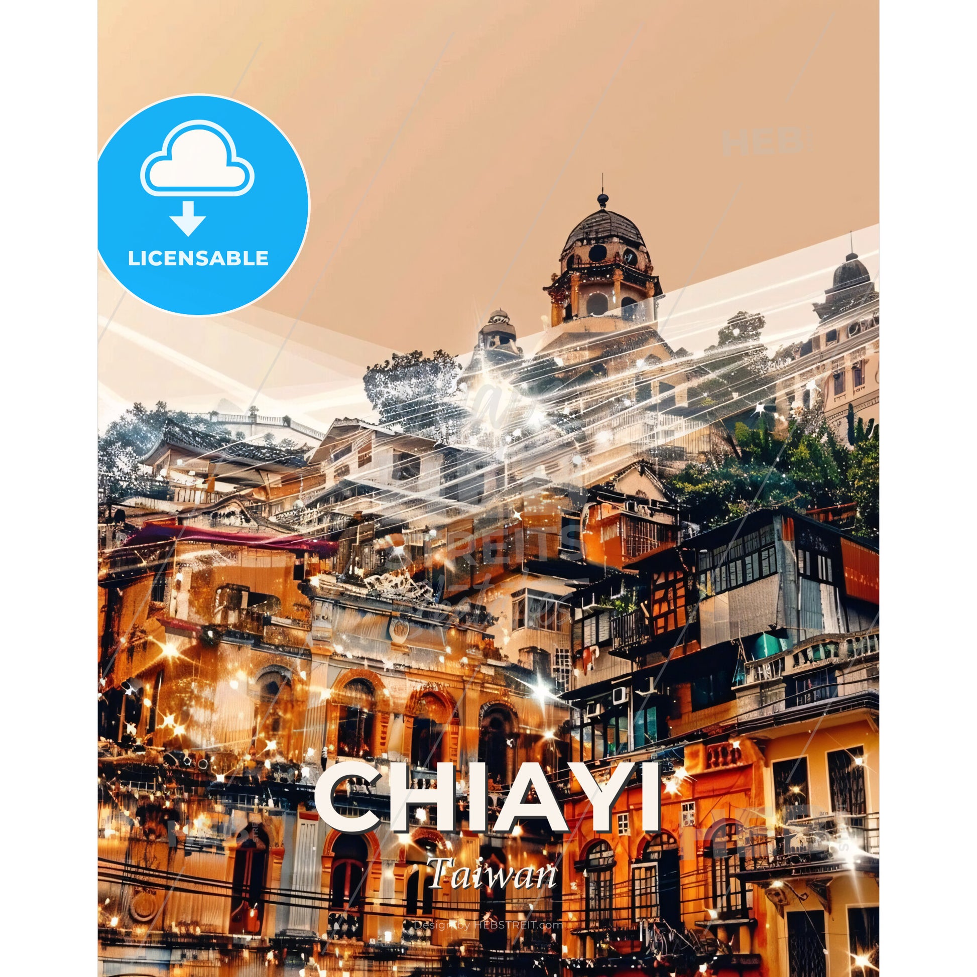 Chiayi City Skyline Double Exposure Art Poster - A city with many buildings and lights - Square format print template