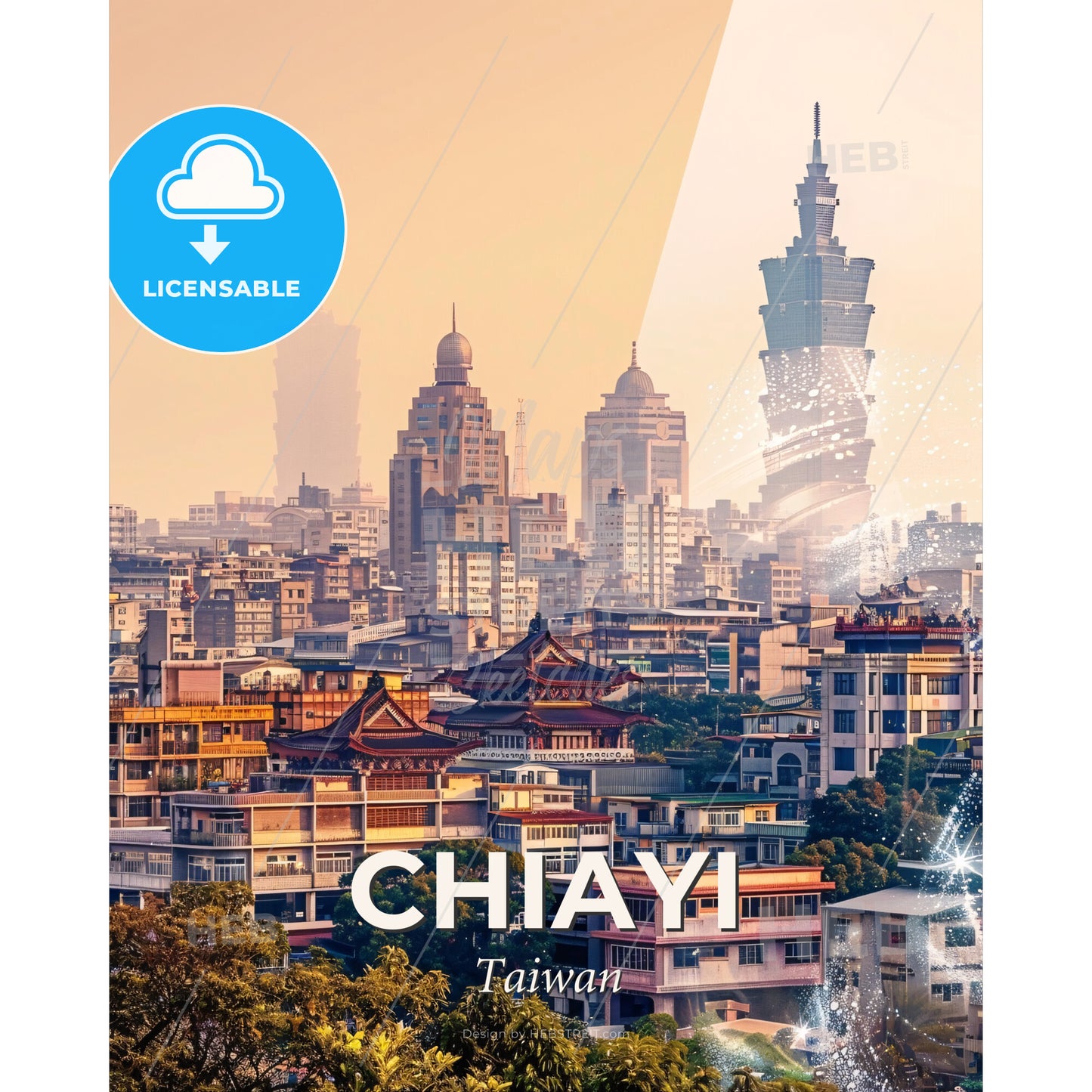 Chiayi City Skyline Double Exposure Poster - A city with many buildings - Square format print template