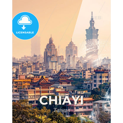 Chiayi City Skyline Double Exposure Poster - A city with many buildings - Square format print template