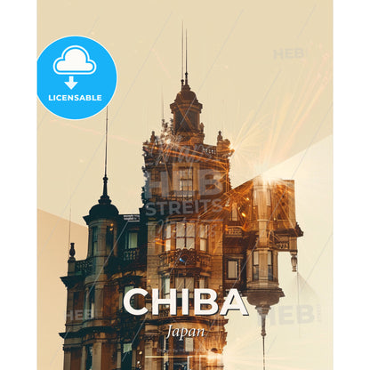 Chiba City Skyline Beige Double Exposure Art Print - A building with a tower - Square format print template