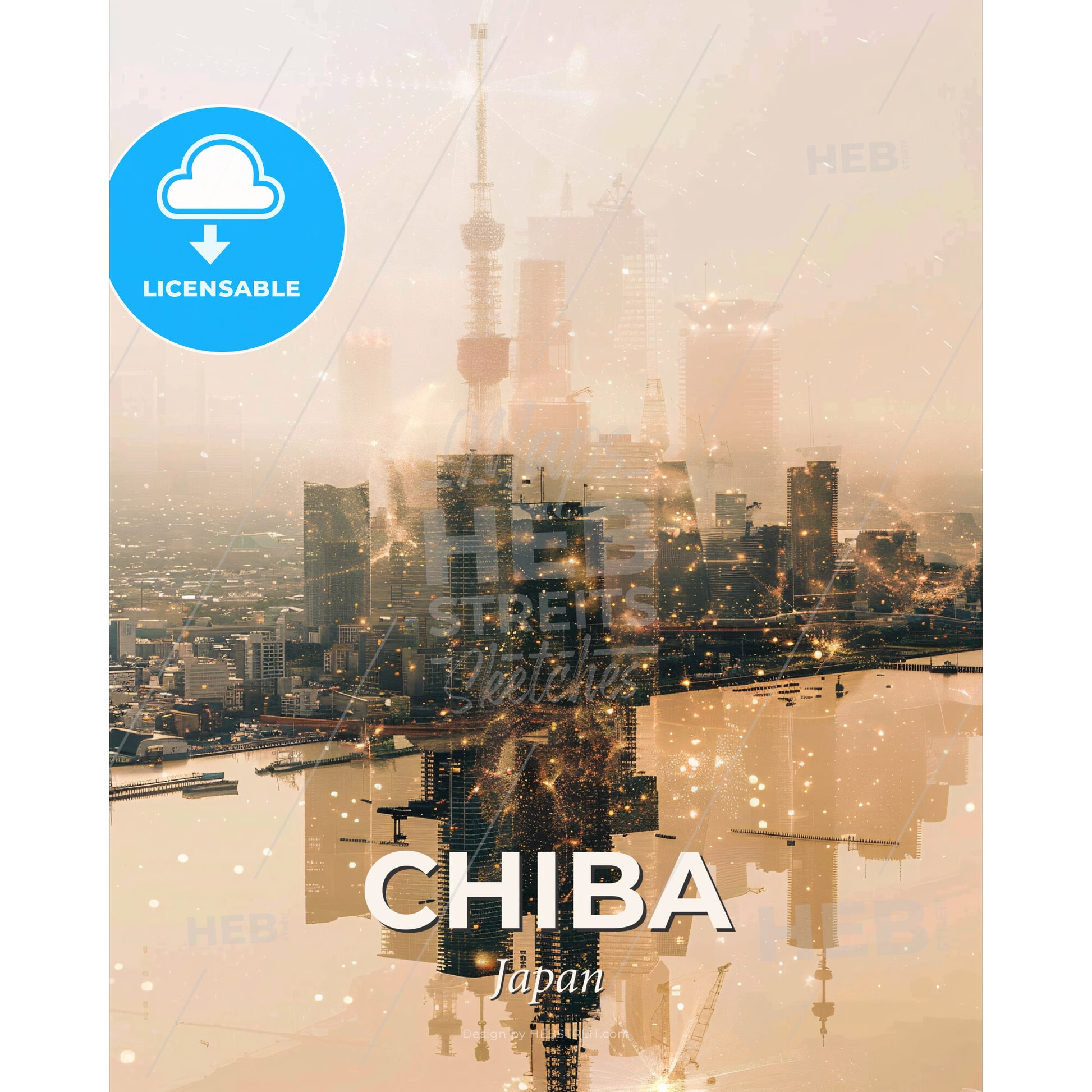Chiba City Skyline Art Poster: Beige and Bright - A city with a river and a city in the background - Square format print template