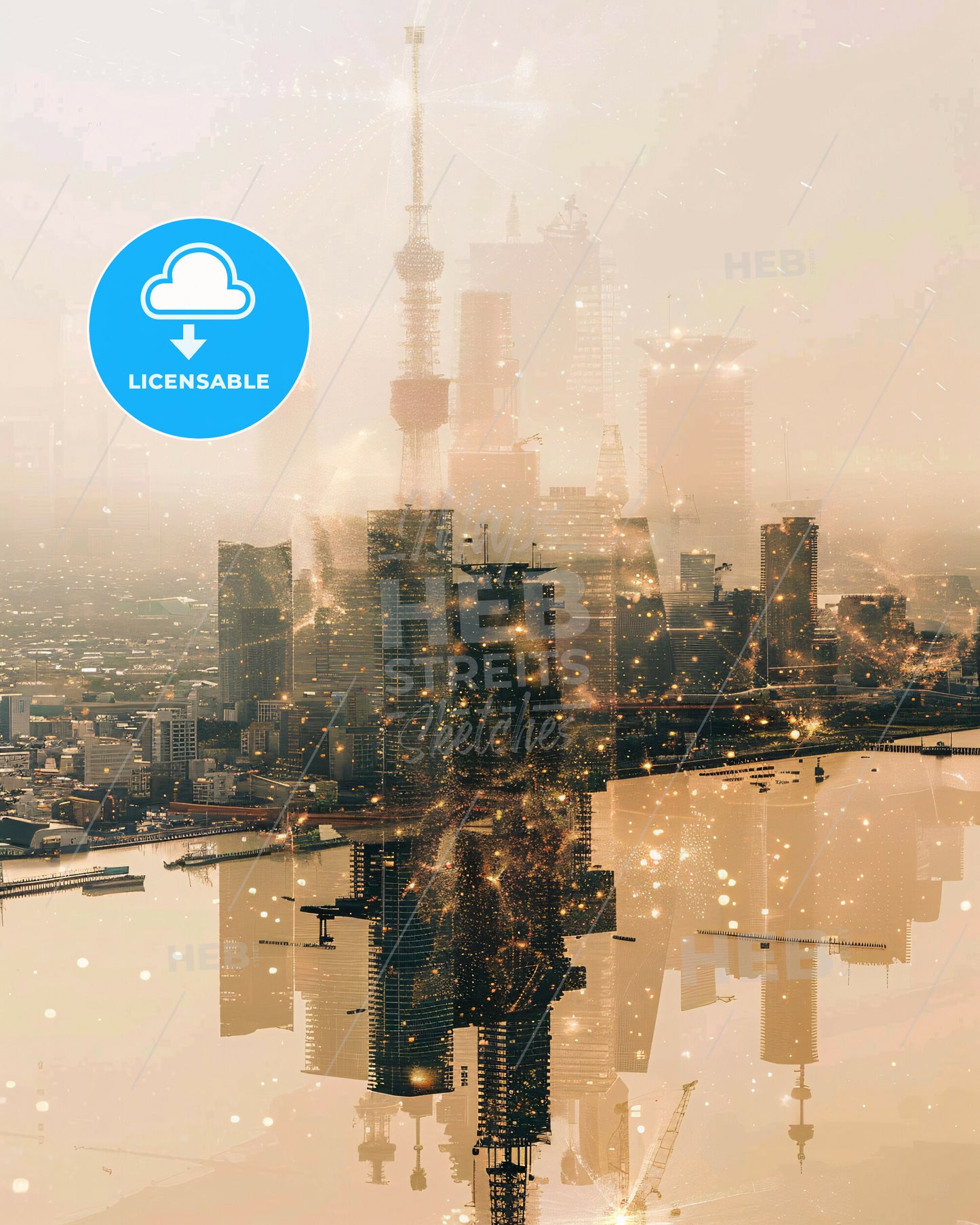 Chiba City Skyline Art Poster: Beige and Bright - A city with a river and a city in the background