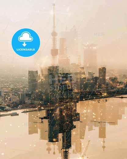 Chiba City Skyline Art Poster: Beige and Bright - A city with a river and a city in the background