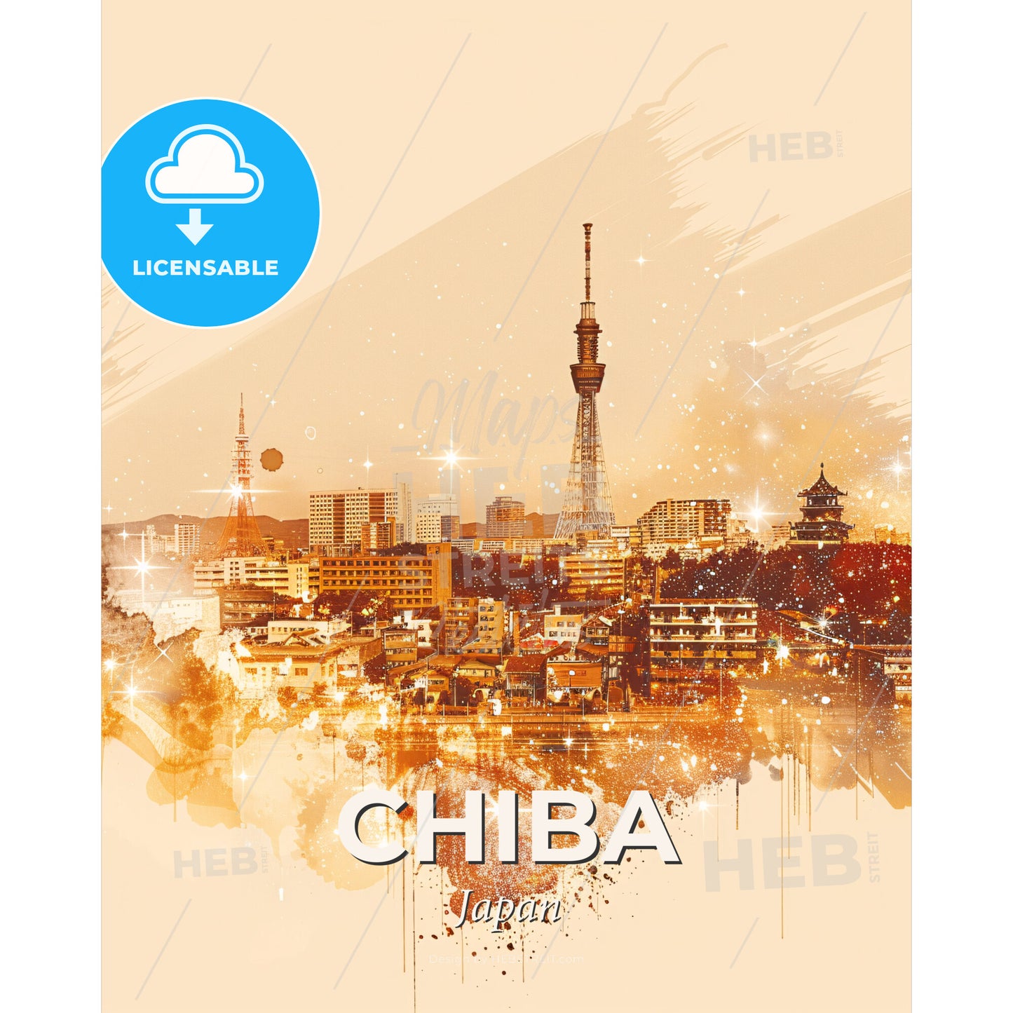 Chiba Skyline Double Exposure Art Composite - A city with a tower - Square format print template