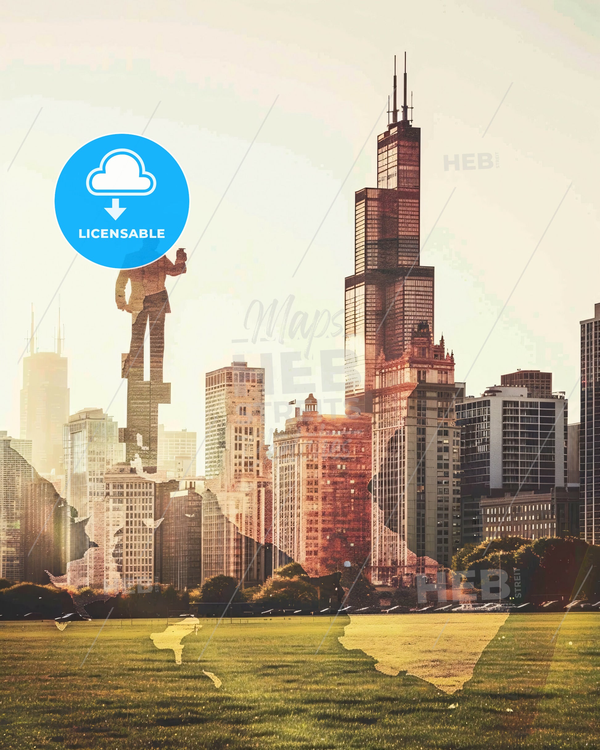 Chicago Skyline Double Exposure Art Poster - A man standing on top of a skyscraper