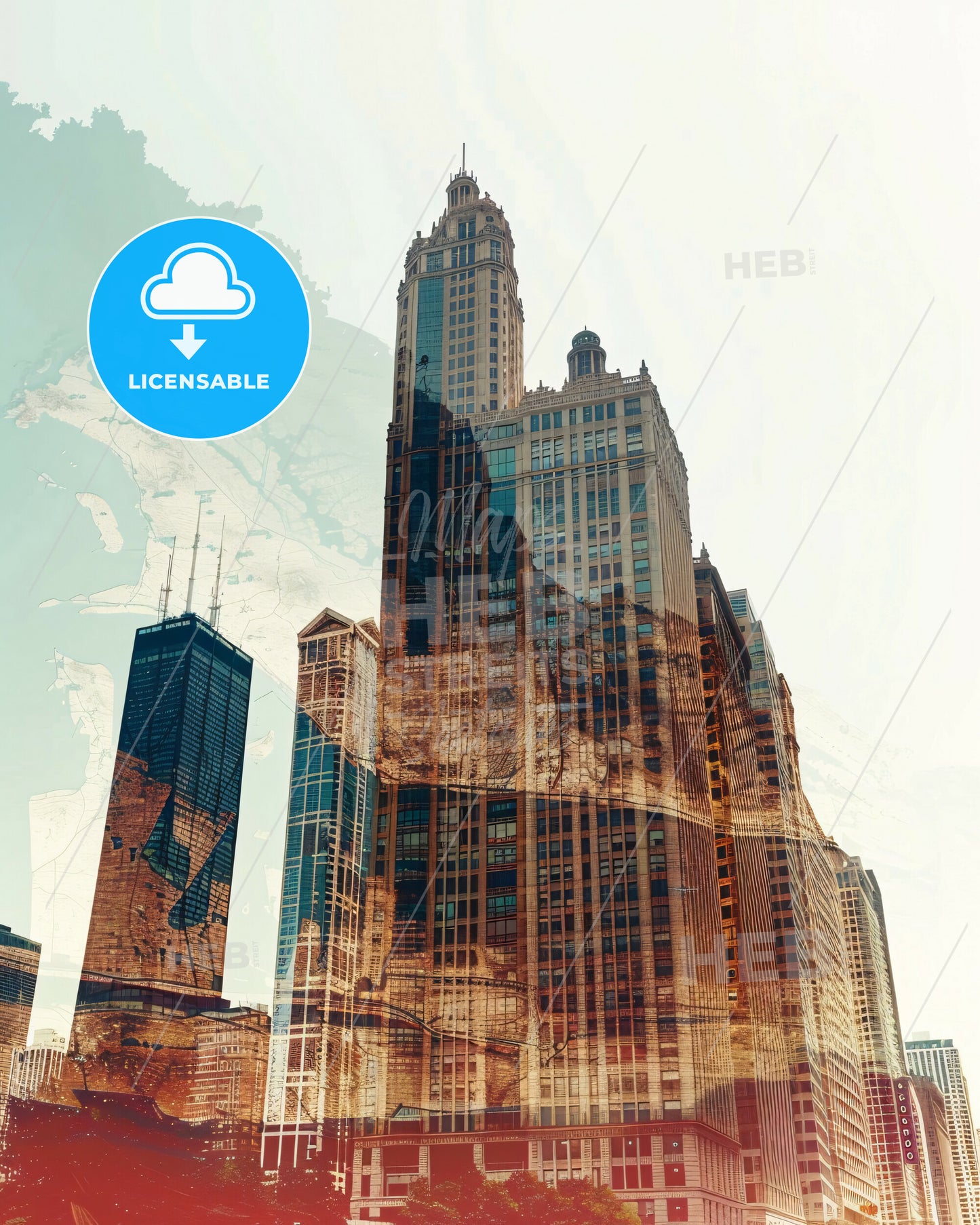 Chicago Skyline Double Exposure Composite Art Poster - A city skyline with skyscrapers