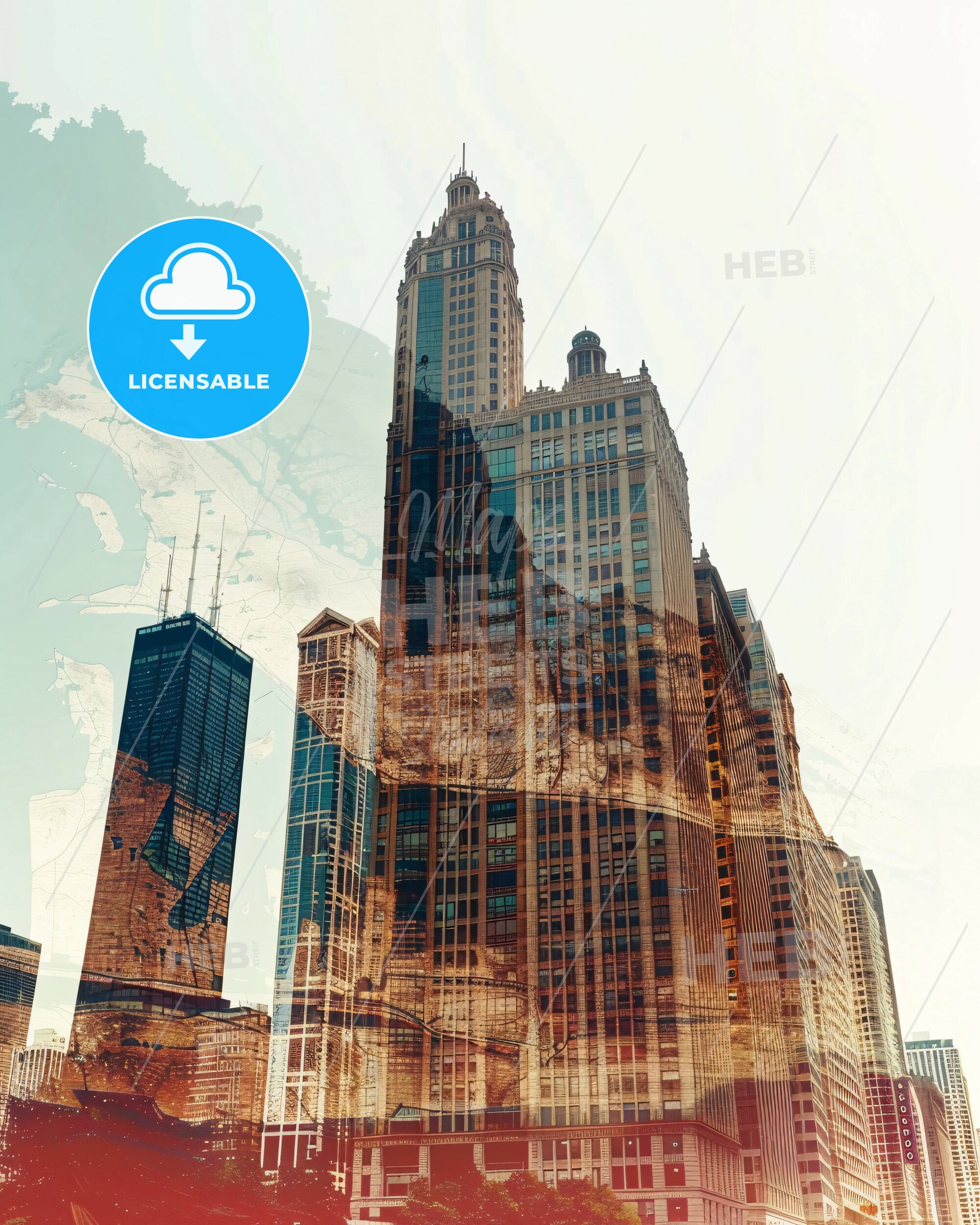 Chicago Skyline Double Exposure Composite Art Poster - A city skyline with skyscrapers