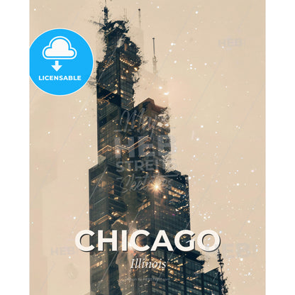 Chicago Modern Cityline Double Exposure Art Print - A tall building with a broken glass top - Square format print template