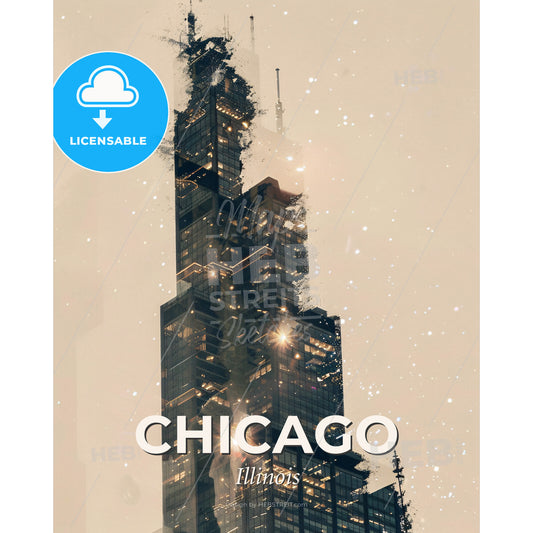 Chicago Modern Cityline Double Exposure Art Print - A tall building with a broken glass top - Square format print template
