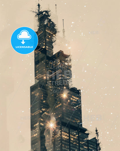 Chicago Modern Cityline Double Exposure Art Print - A tall building with a broken glass top