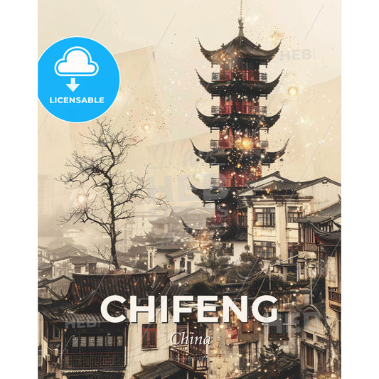 Chifeng Skyline Art Poster: Local Colors, Bright Beige - A tall tower in a city - Square format print template