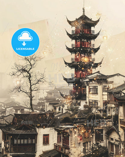 Chifeng Skyline Art Poster: Local Colors, Bright Beige - A tall tower in a city