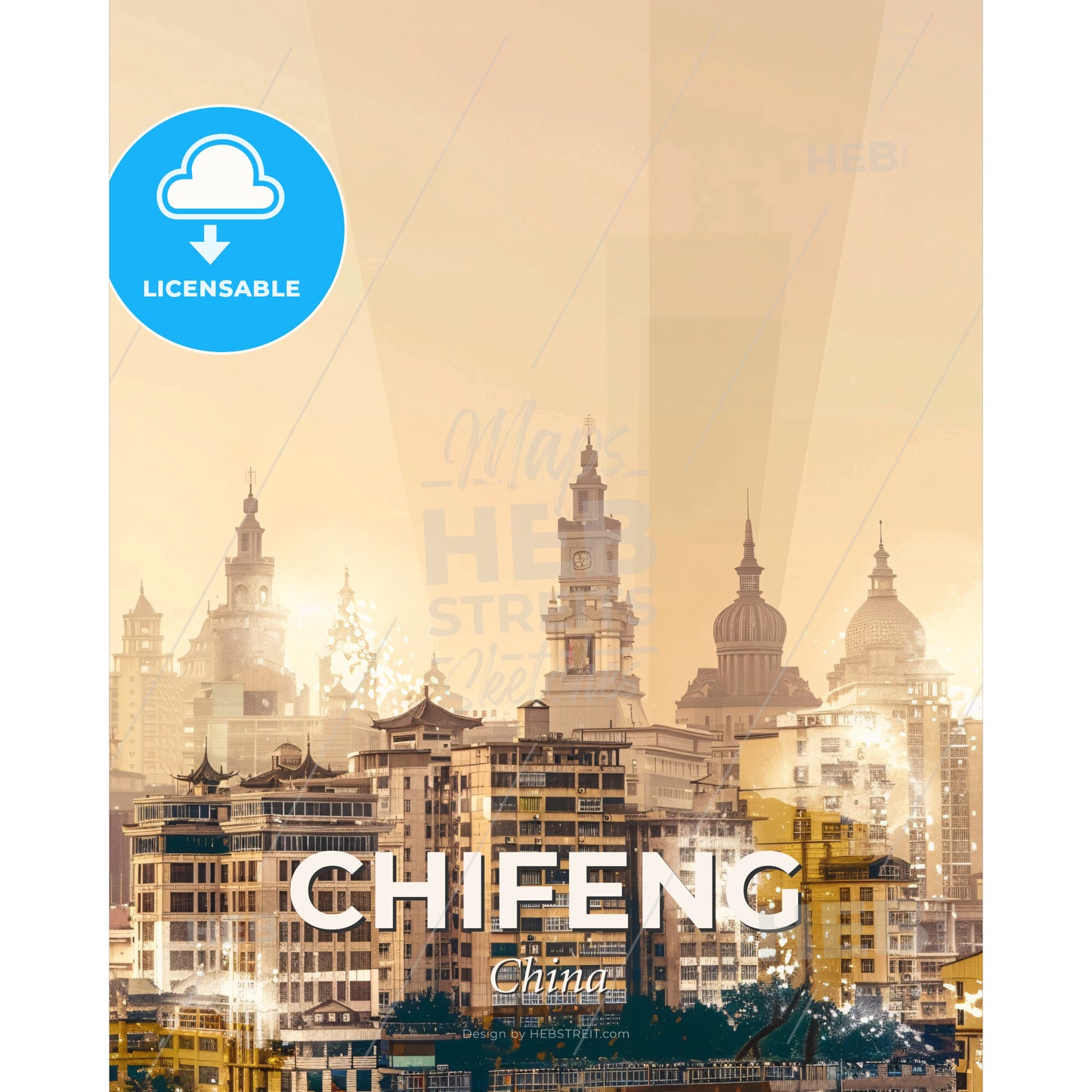 Chifeng Skyline Poster Art: Local Colors, Bright Sparkle - A city skyline with many tall buildings - Square format print template