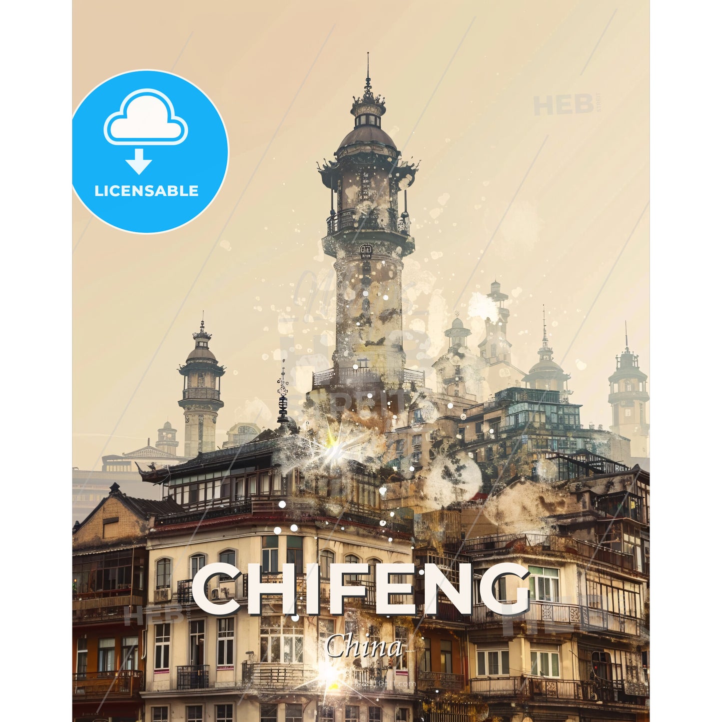 Chifeng City Skyline Art Poster - A building with a tower - Square format print template