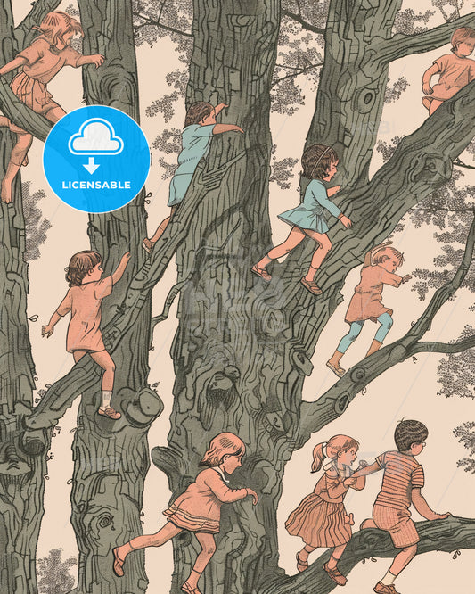 Park Life Minimalist Line Art Poster - A group of children climbing up a tree