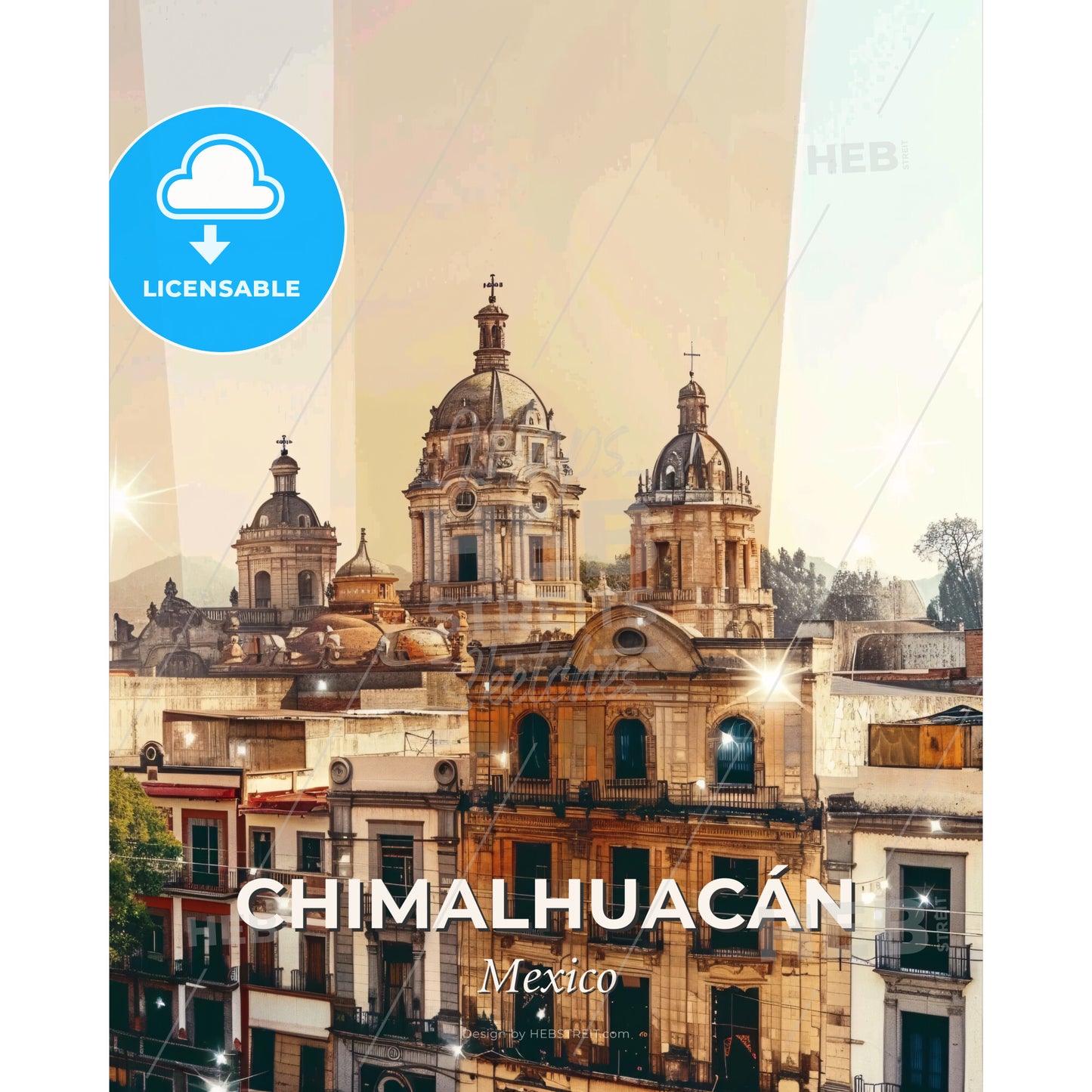 ChimalhuacÃ¡n Cityscape Splendor on Gleaming Beige - A group of buildings with a dome shaped building - Square format print template