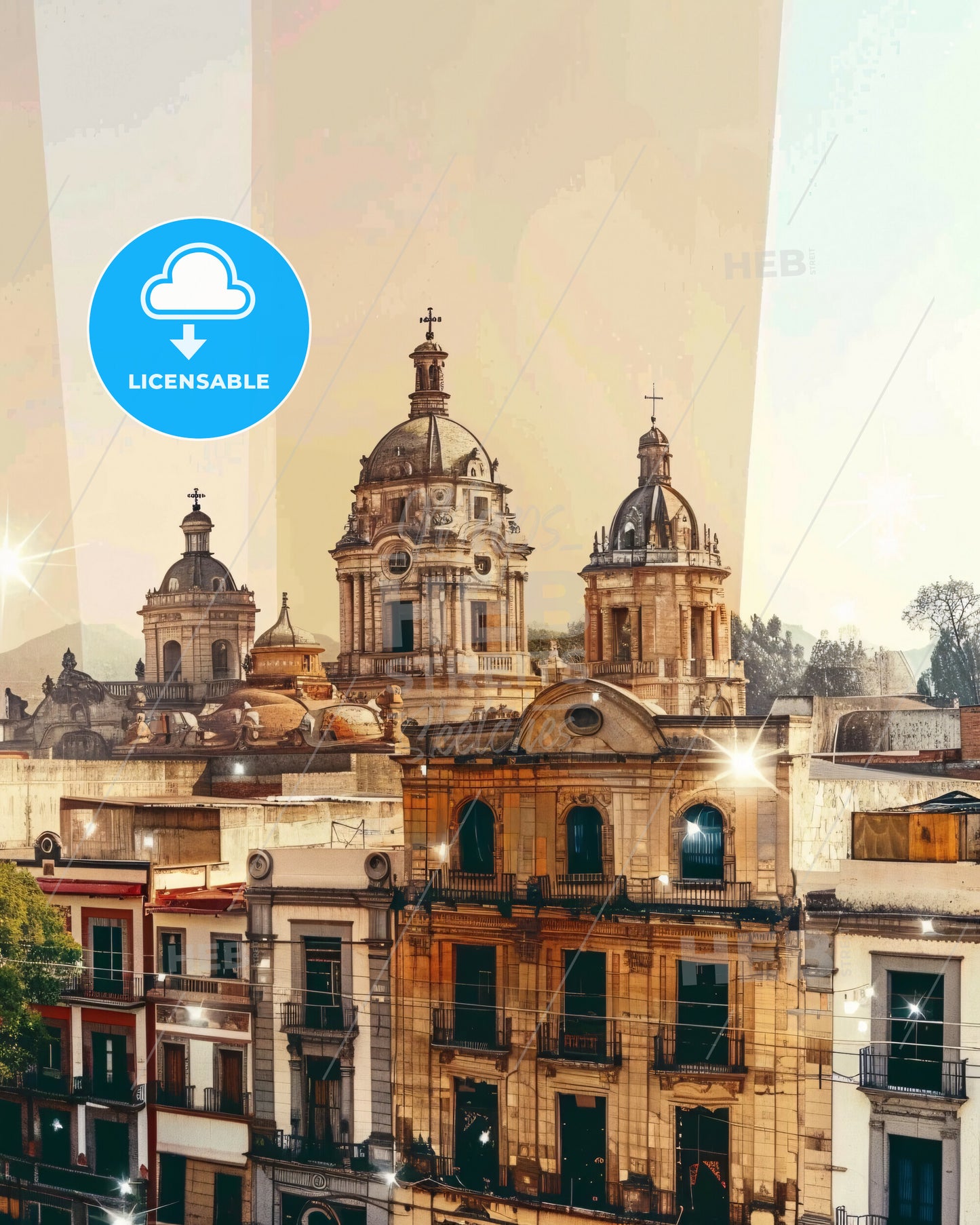 ChimalhuacÃ¡n Cityscape Splendor on Gleaming Beige - A group of buildings with a dome shaped building
