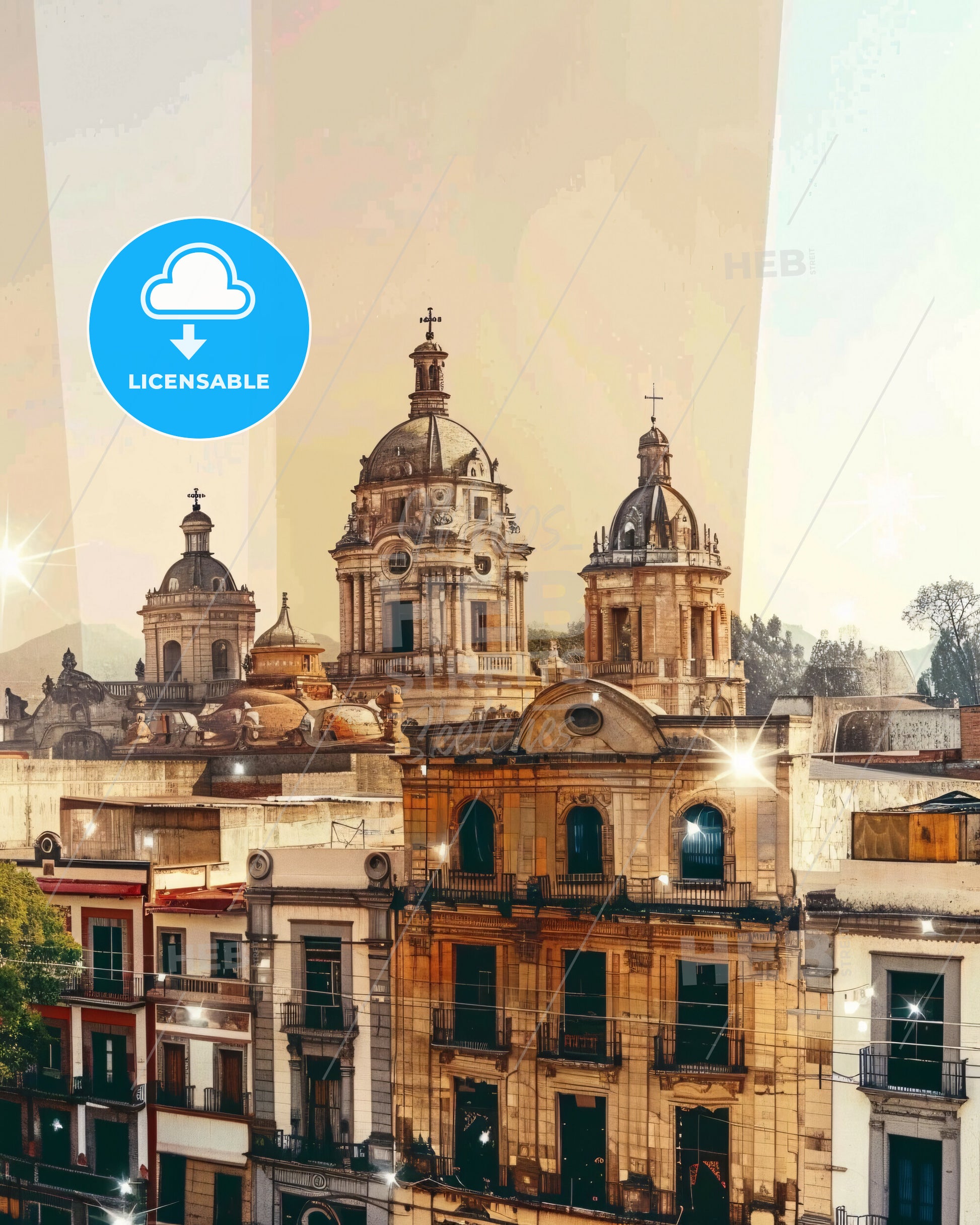 ChimalhuacÃ¡n Cityscape Splendor on Gleaming Beige - A group of buildings with a dome shaped building
