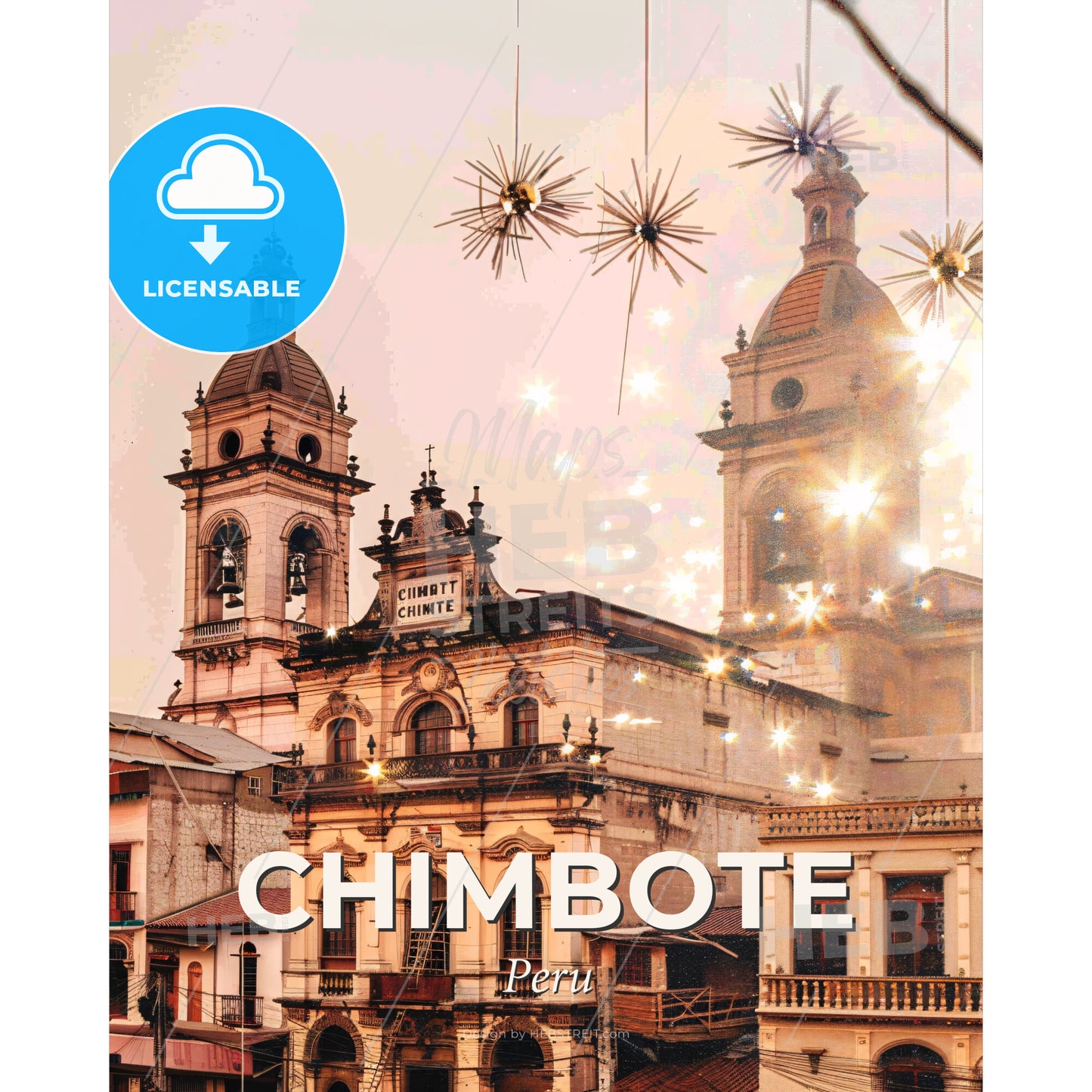 Chimbote Cityscape Double Exposure Art Poster - A building with a bell tower and a building with a clock - Square format print template