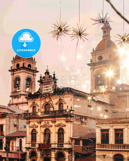 Chimbote Cityscape Double Exposure Art Poster - A building with a bell tower and a building with a clock