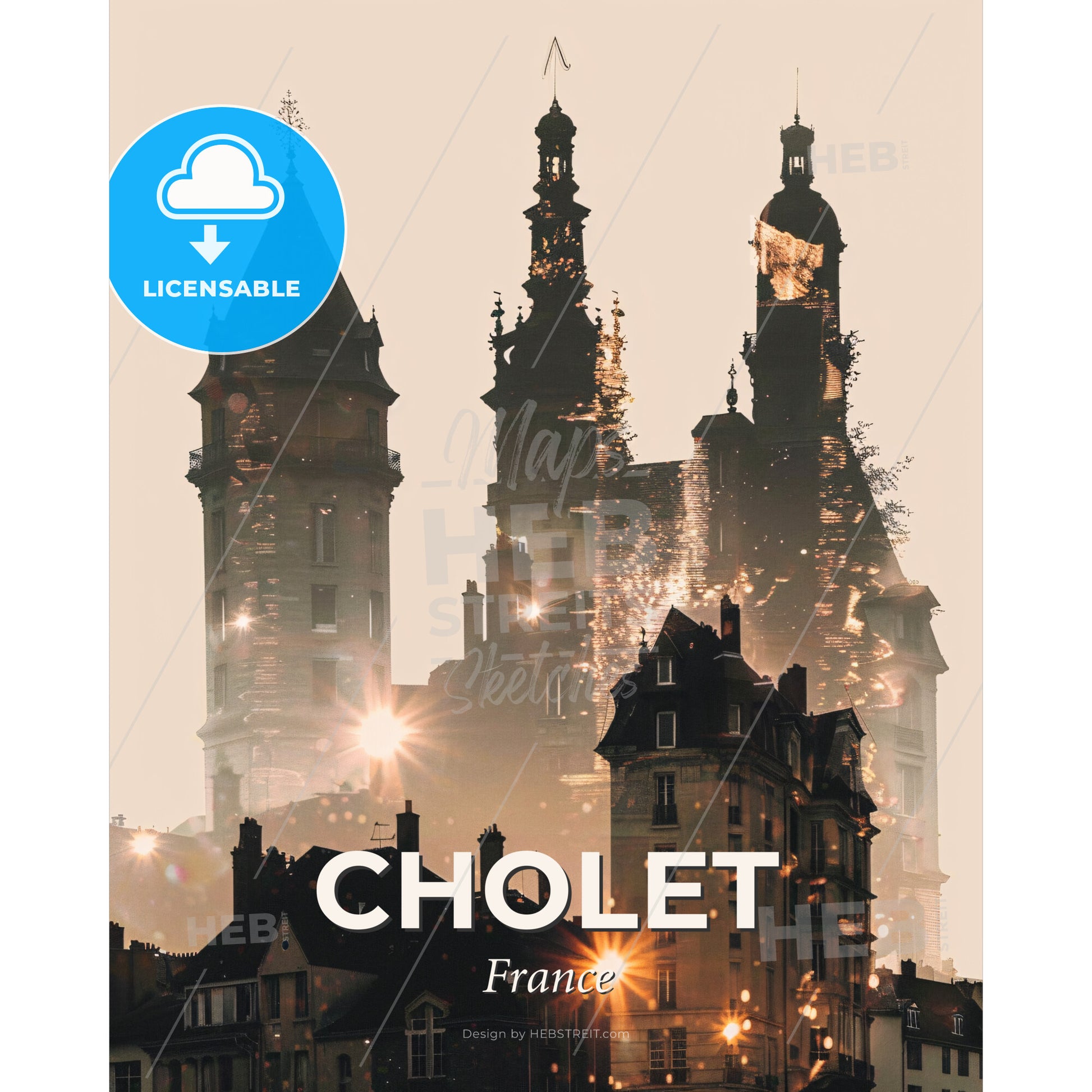 Cholet Skyline Composite Art Poster - A building with towers and a city in the background - Square format print template