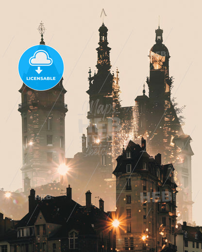 Cholet Skyline Composite Art Poster - A building with towers and a city in the background