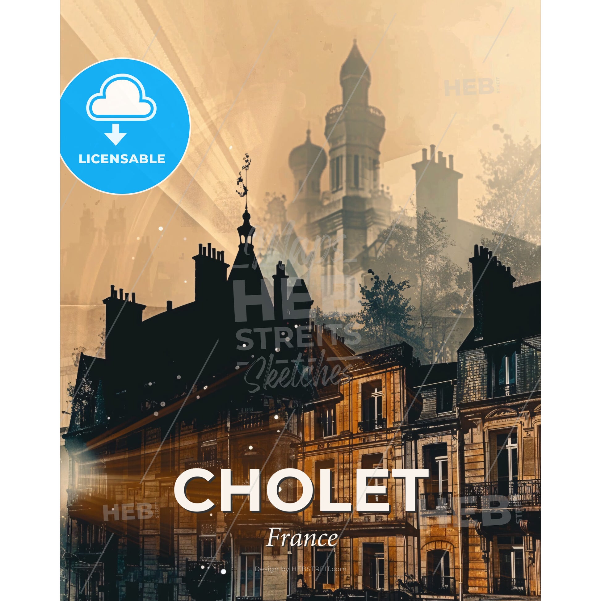 Cholet City Skyline Vibrant Poster Art - A building with a tower and a building with a tower and a building with a tower - Square format print template