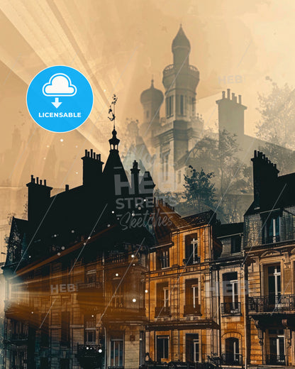 Cholet City Skyline Vibrant Poster Art - A building with a tower and a building with a tower and a building with a tower