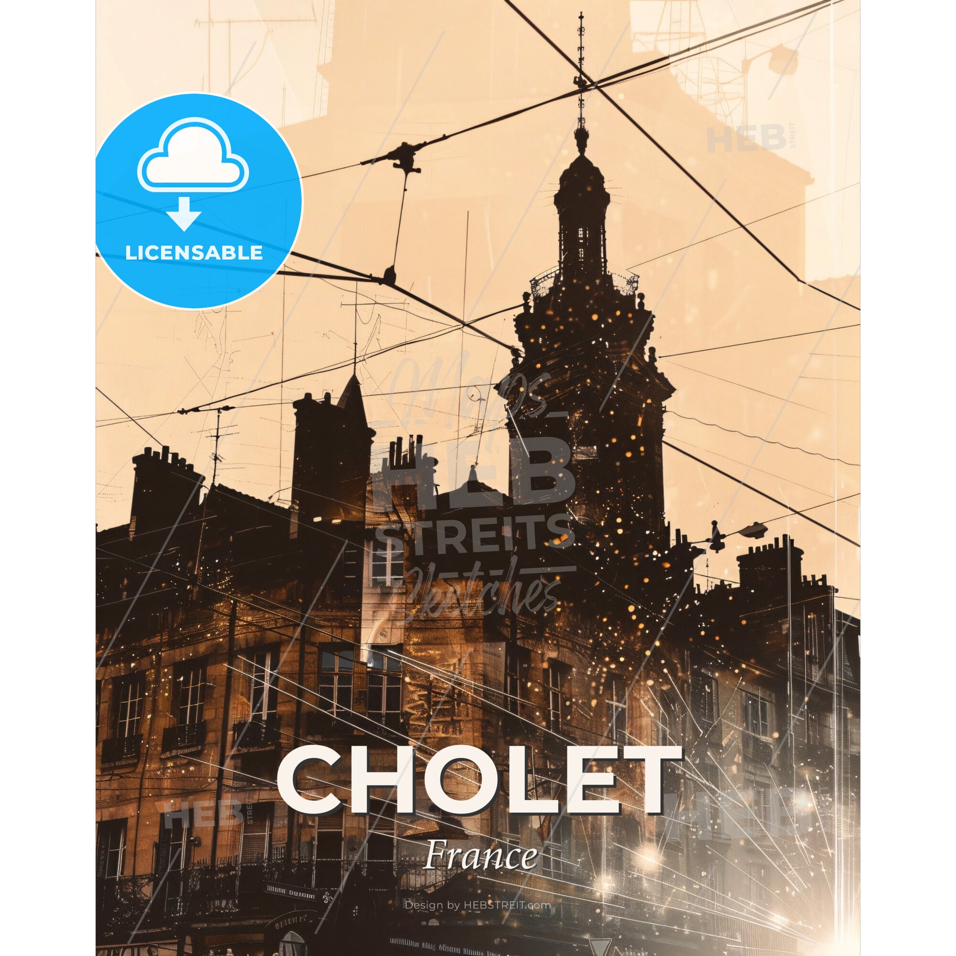 Cholet City Skyline Silhouette Sparkles Poster - A building with a tower and wires - Square format print template