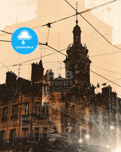 Cholet City Skyline Silhouette Sparkles Poster - A building with a tower and wires