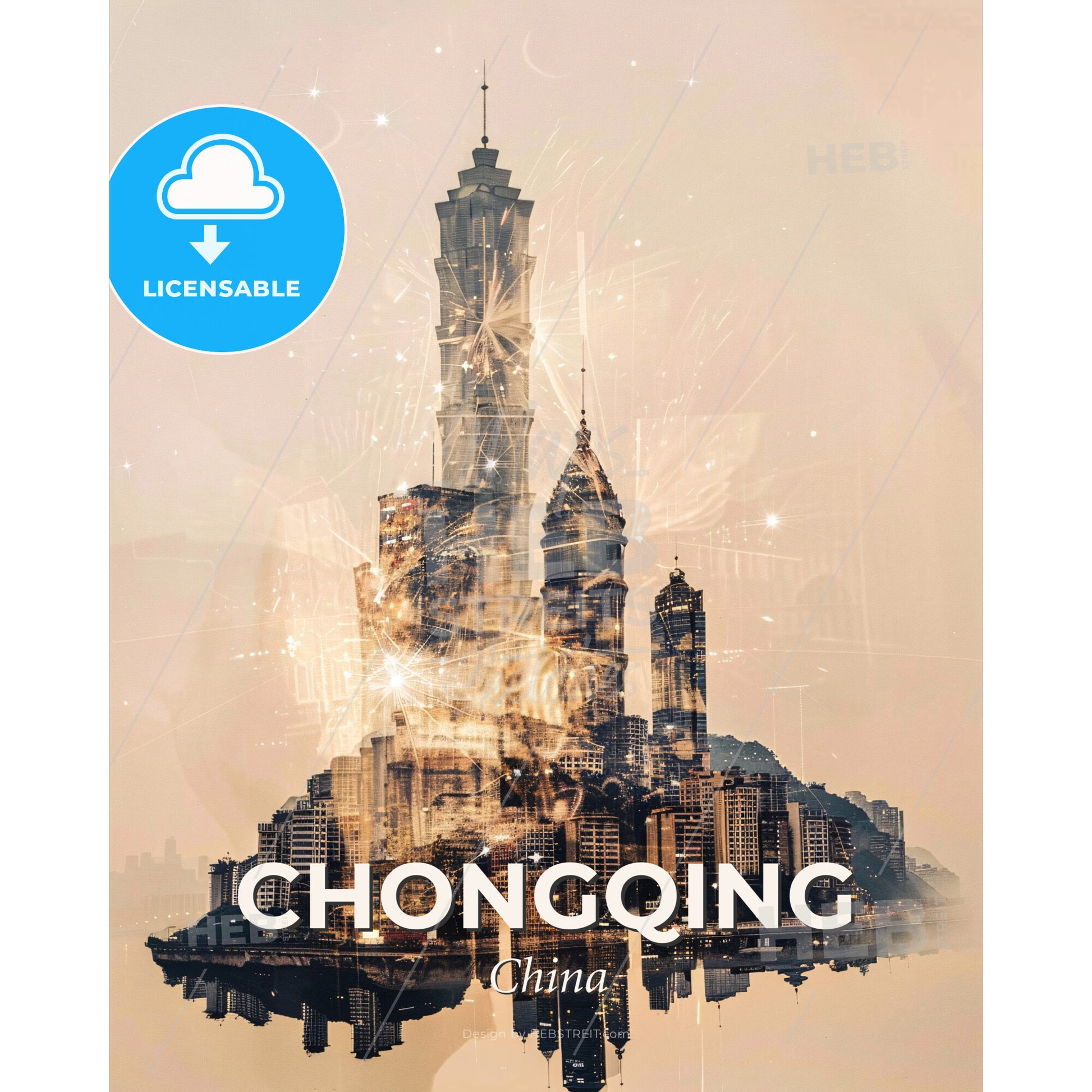 Chongqing Skyline Art: Double Exposure Delight - A city with a tall tower and a body of water - Square format print template