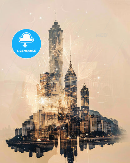 Chongqing Skyline Art: Double Exposure Delight - A city with a tall tower and a body of water