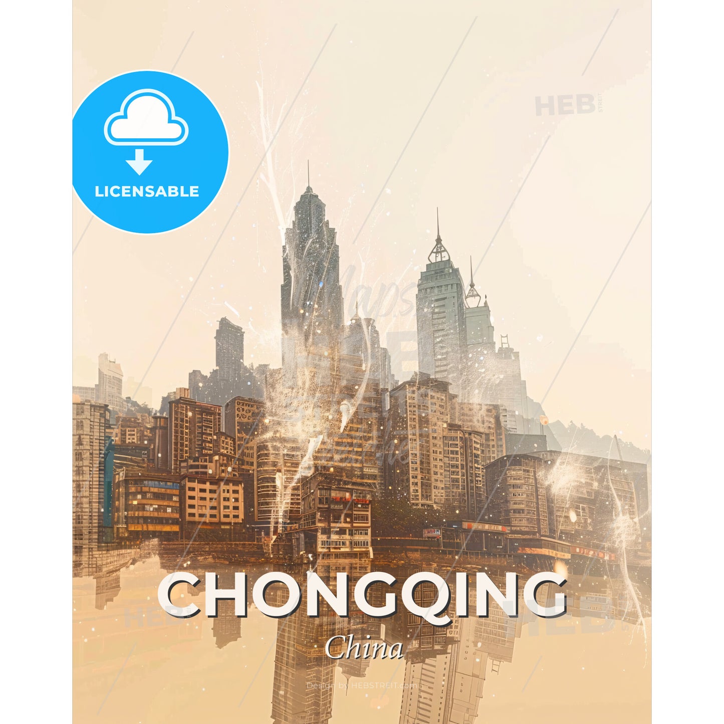 Chongqing Skyline Double Exposure Composite Poster - Lingaraja Temple with many tall buildings - Square format print template